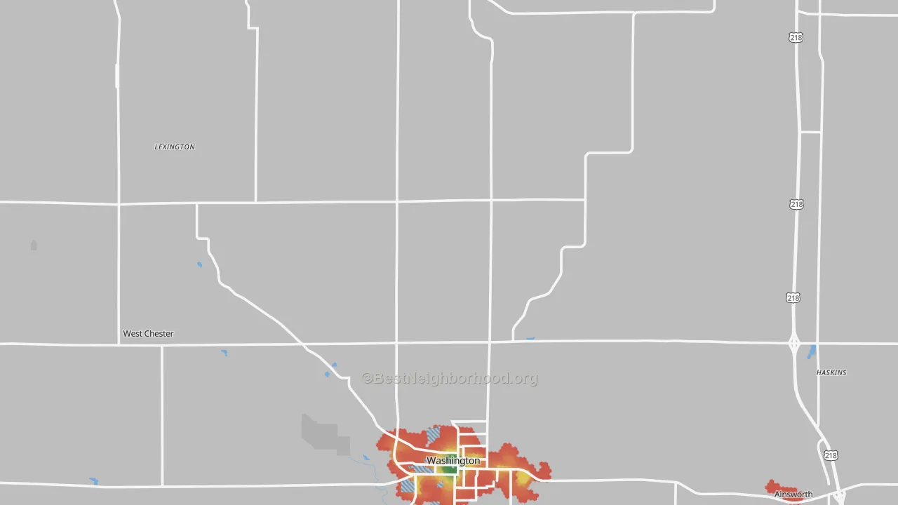 Walk Grade map of Washington County, IA, walkable areas in green and car-dependent areas in red
