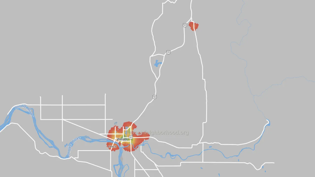 Walk Grade map of Washington County, ID, walkable areas in green and car-dependent areas in red