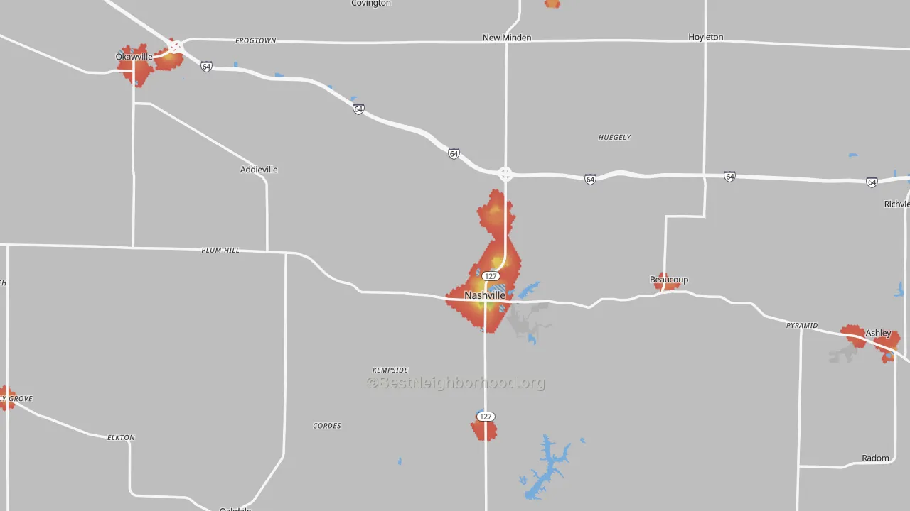 Walk Grade map of Washington County, IL, walkable areas in green and car-dependent areas in red