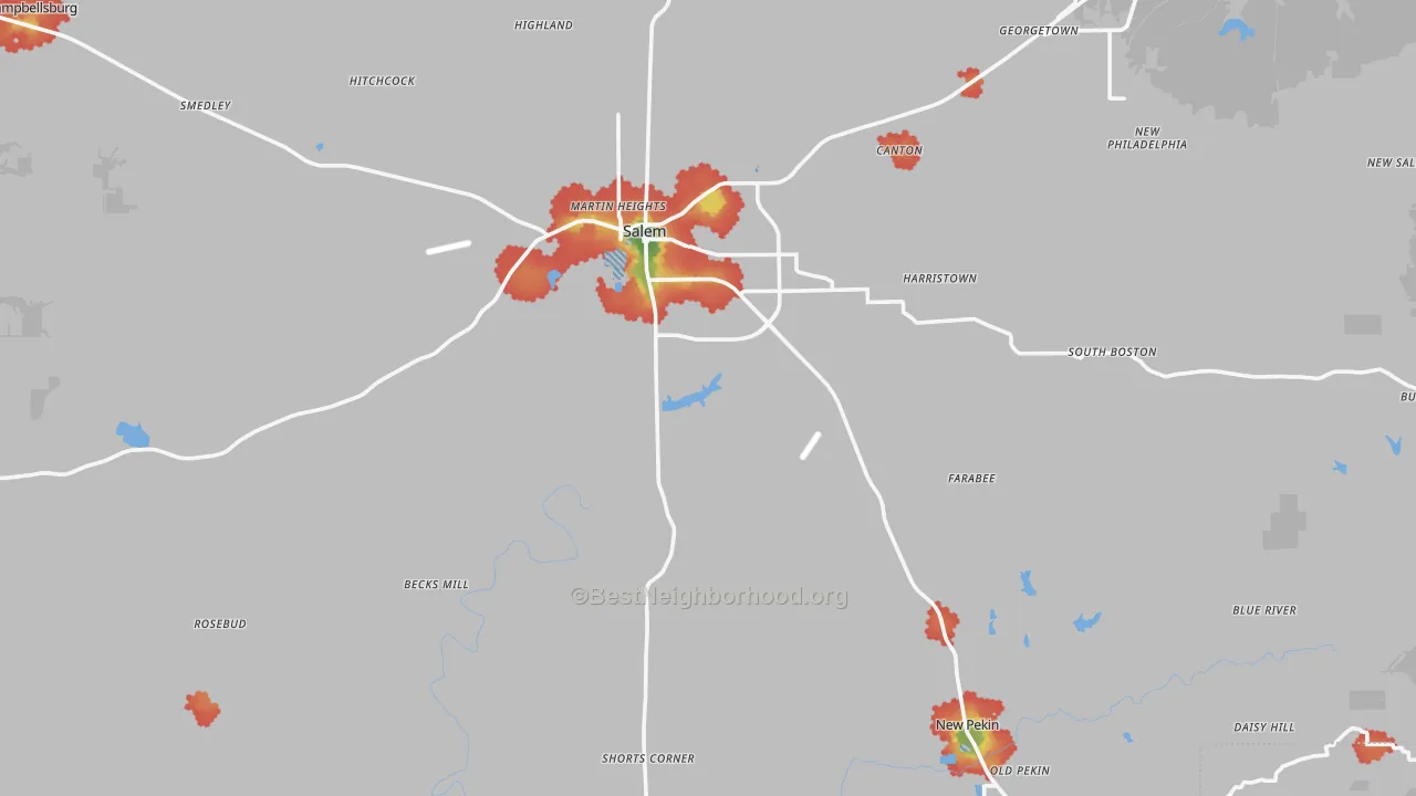 Walk Grade map of Washington County, IN, walkable areas in green and car-dependent areas in red