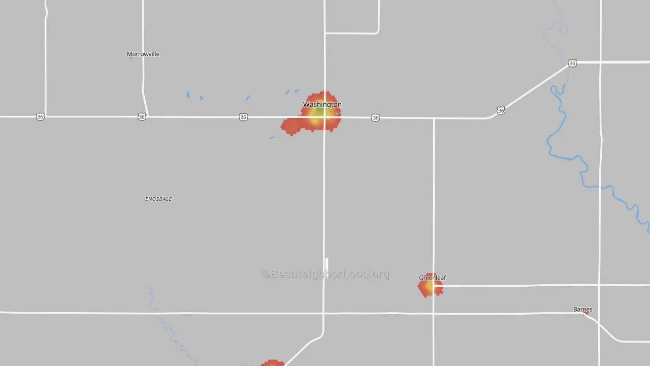 Walk Grade map of Washington County, KS, walkable areas in green and car-dependent areas in red