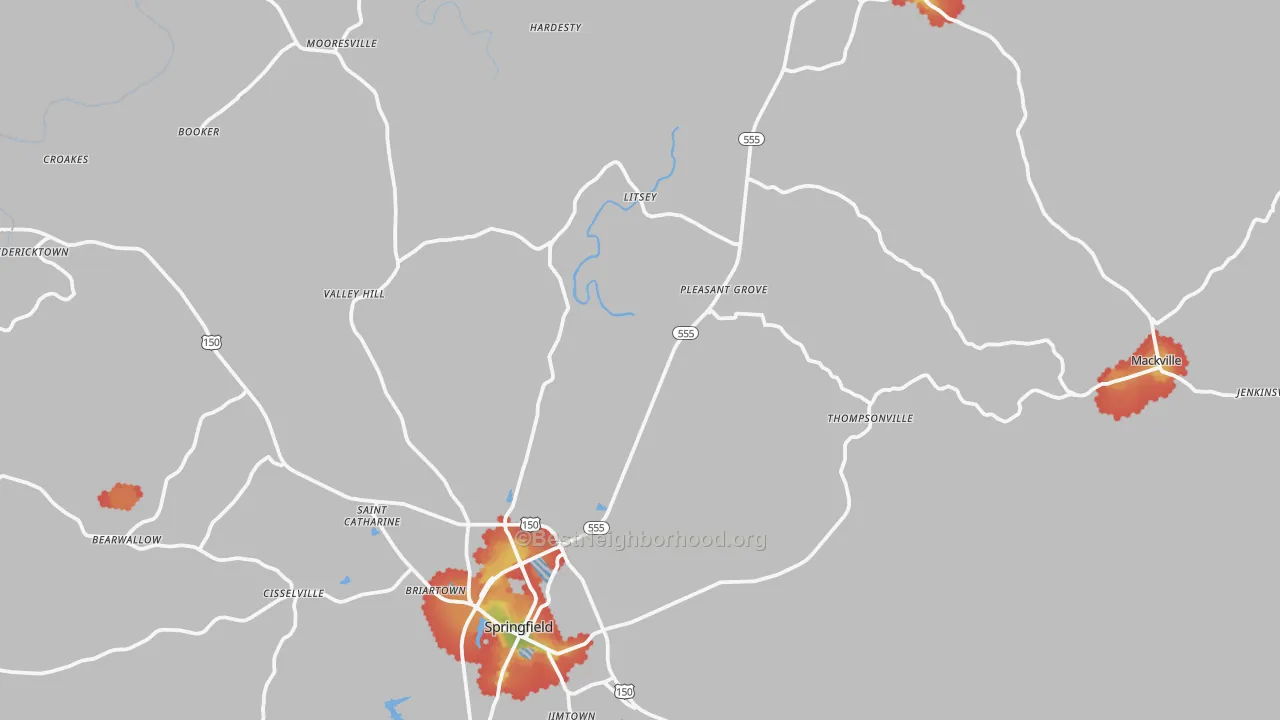 Walk Grade map of Washington County, KY, walkable areas in green and car-dependent areas in red