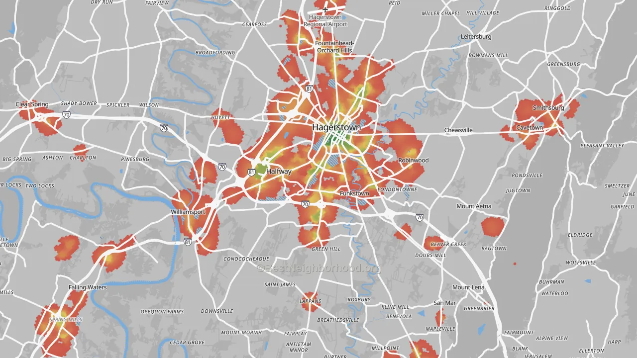 Walk Grade map of Washington County, MD, walkable areas in green and car-dependent areas in red
