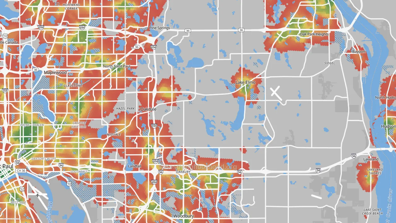 Walk Grade map of Washington County, MN, walkable areas in green and car-dependent areas in red