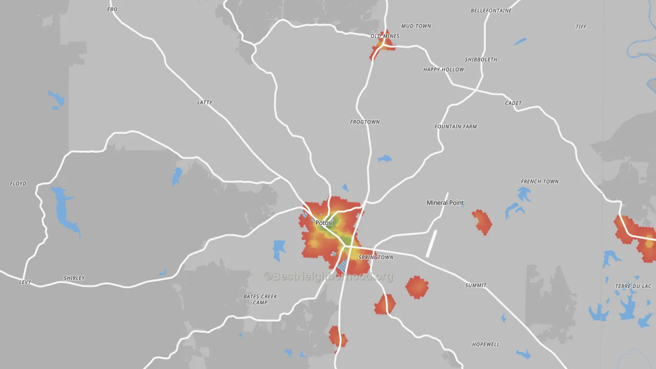 Walk Grade map of Washington County, MO, walkable areas in green and car-dependent areas in red