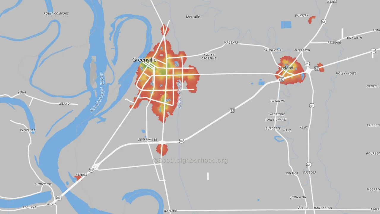 Walk Grade map of Washington County, MS, walkable areas in green and car-dependent areas in red