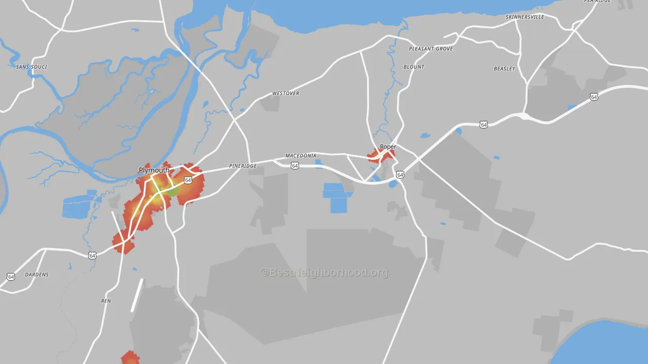 Walk Grade map of Washington County, NC, walkable areas in green and car-dependent areas in red