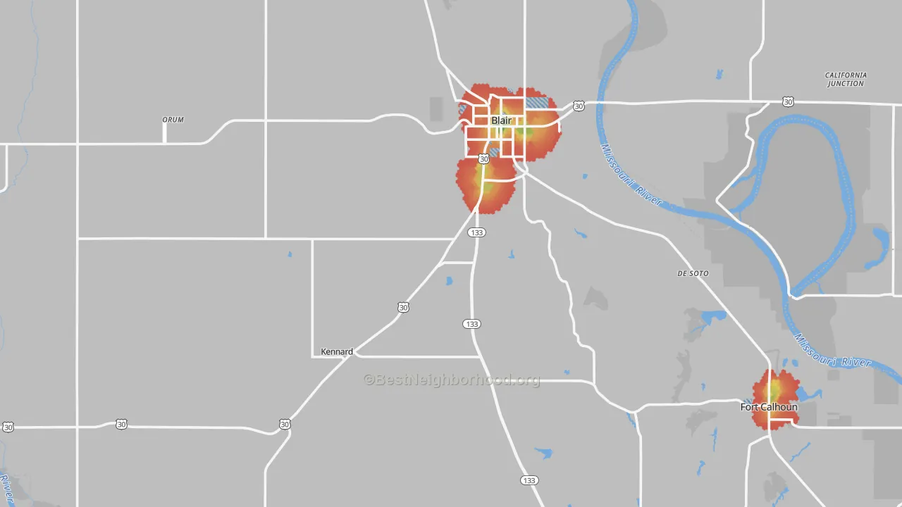 Walk Grade map of Washington County, NE, walkable areas in green and car-dependent areas in red