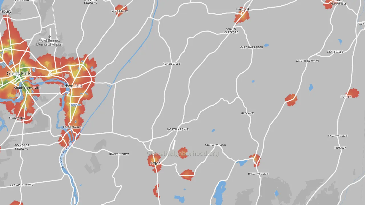 Walk Grade map of Washington County, NY, walkable areas in green and car-dependent areas in red