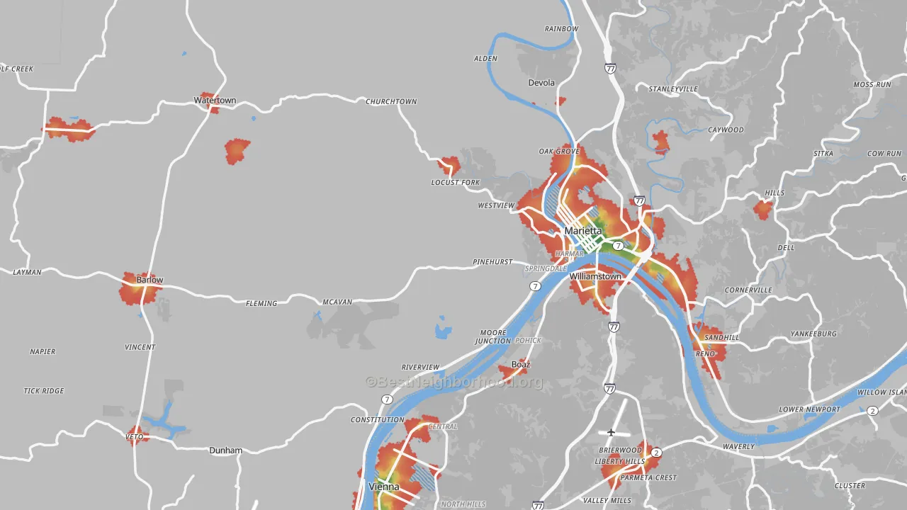 Walk Grade map of Washington County, OH, walkable areas in green and car-dependent areas in red