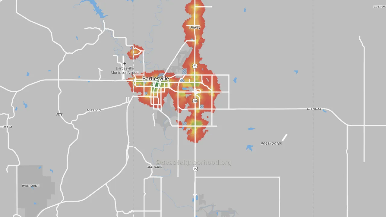 Walk Grade map of Washington County, OK, walkable areas in green and car-dependent areas in red