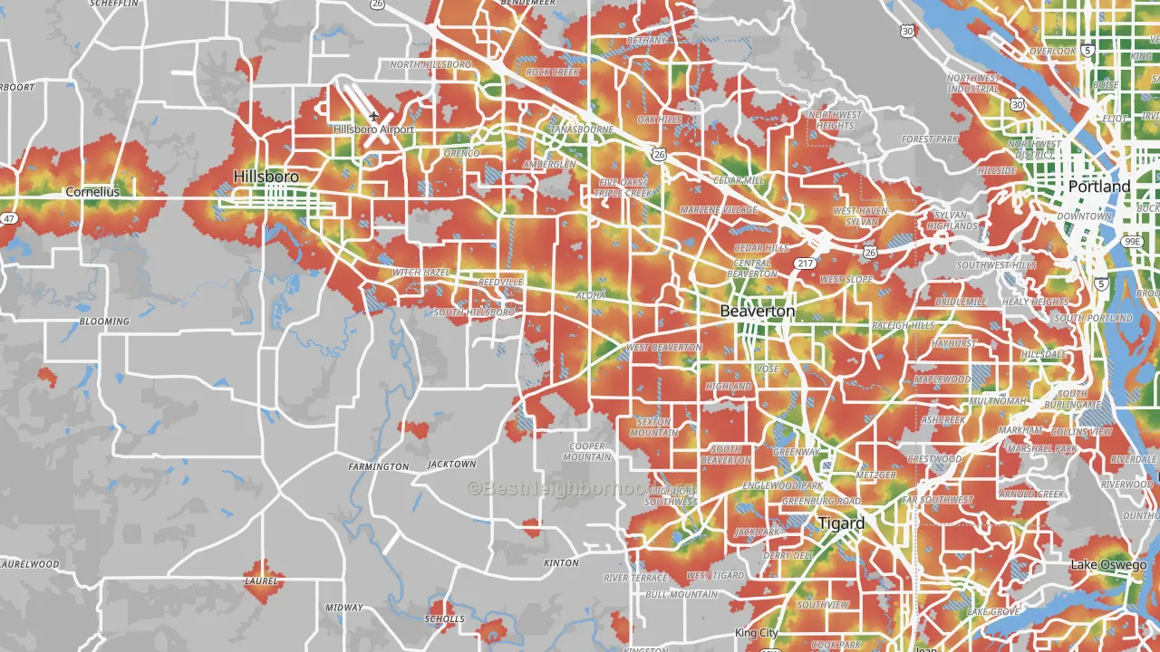 Walk Grade map of Washington County, OR, walkable areas in green and car-dependent areas in red