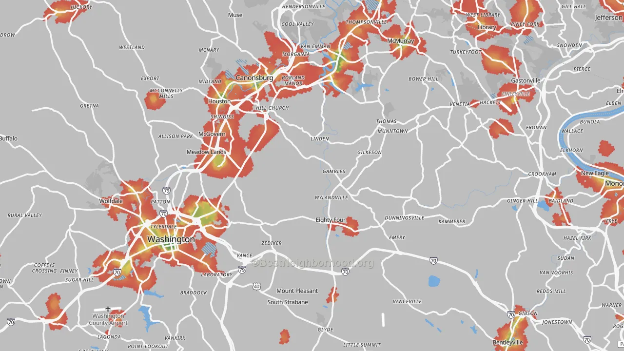 Walk Grade map of Washington County, PA, walkable areas in green and car-dependent areas in red