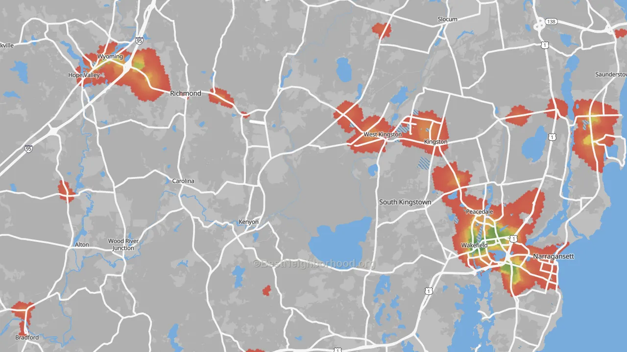 Walk Grade map of Washington County, RI, walkable areas in green and car-dependent areas in red