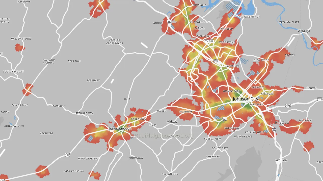 Walk Grade map of Washington County, TN, walkable areas in green and car-dependent areas in red