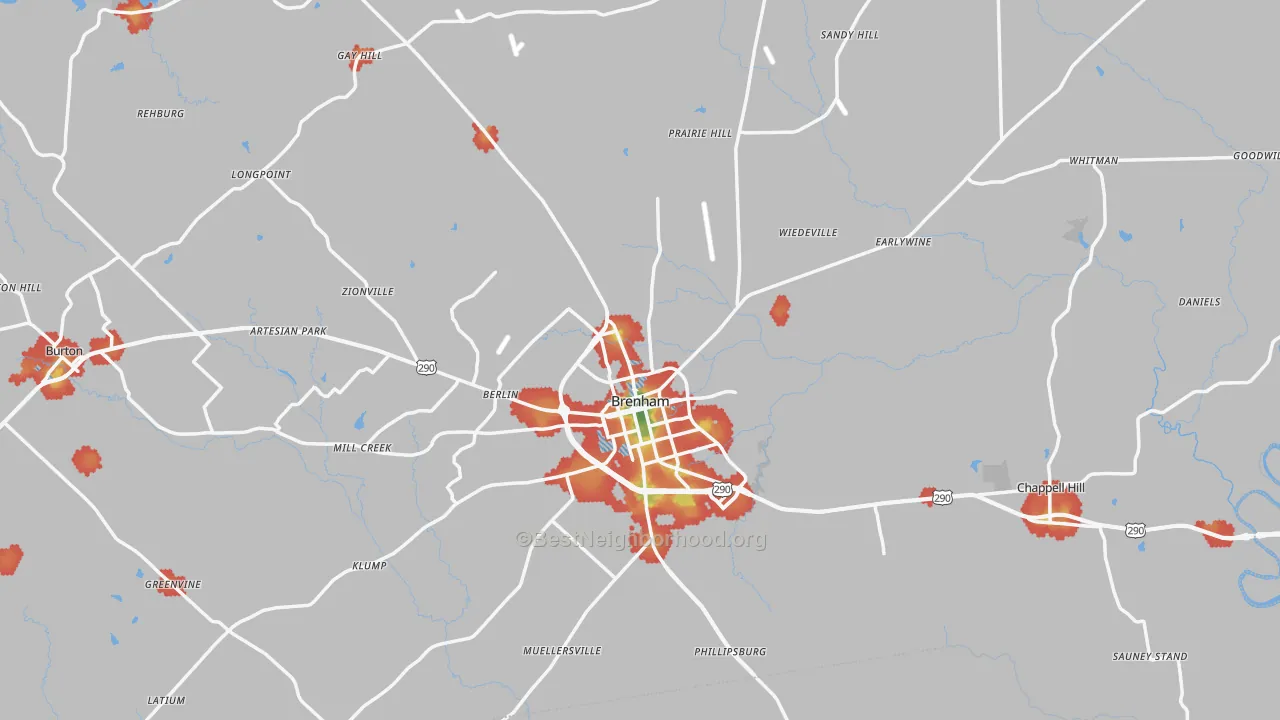 Walk Grade map of Washington County, TX, walkable areas in green and car-dependent areas in red