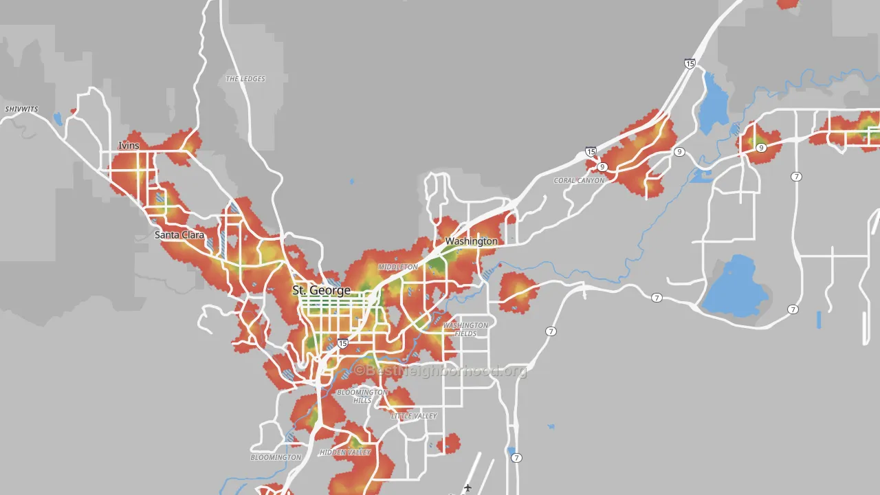 Walk Grade map of Washington County, UT, walkable areas in green and car-dependent areas in red