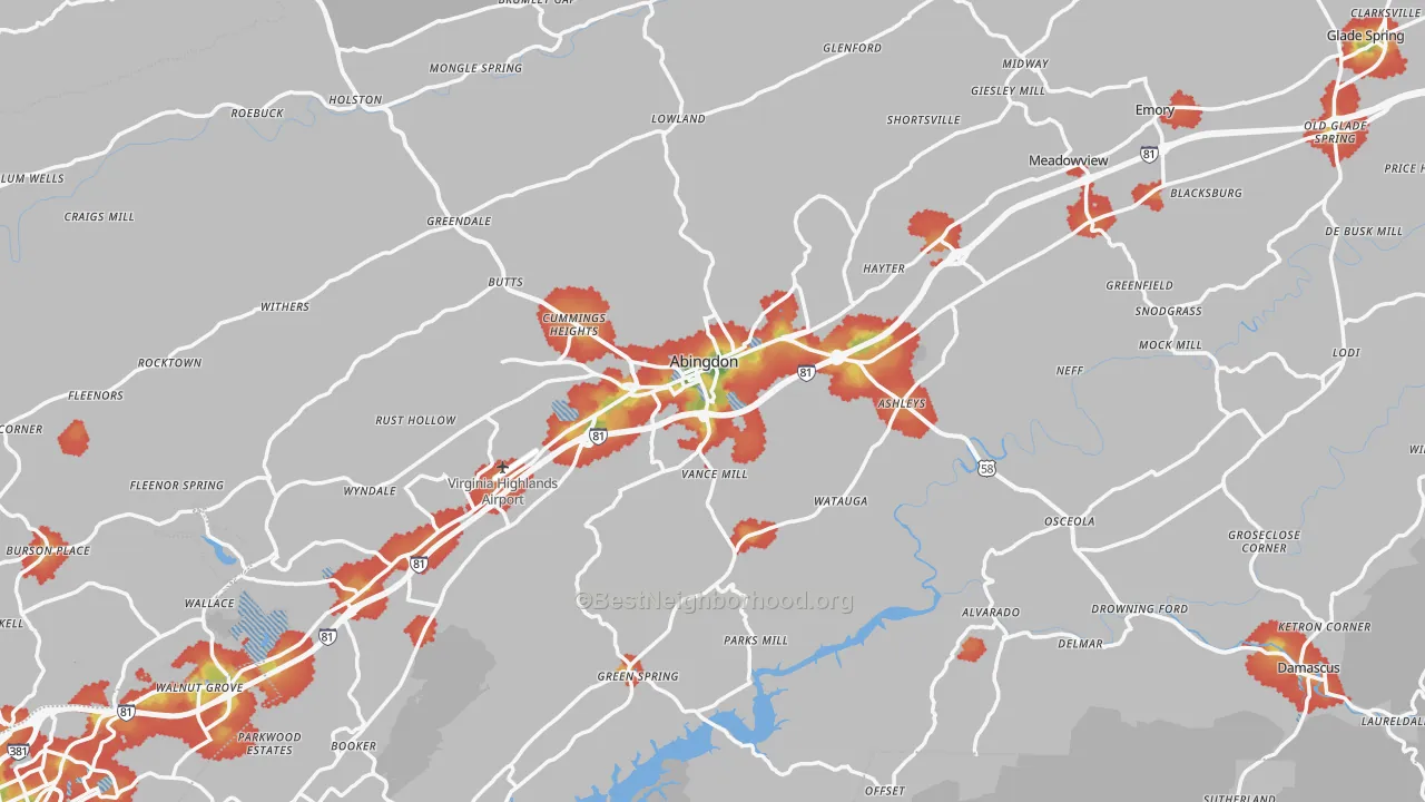 Walk Grade map of Washington County, VA, walkable areas in green and car-dependent areas in red