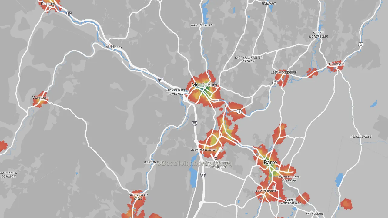 Walk Grade map of Washington County, VT, walkable areas in green and car-dependent areas in red