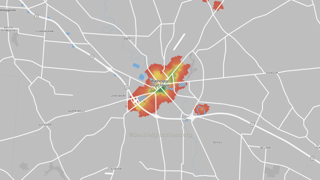 Walk Grade map of Washington Court House, OH, walkable areas in green and car-dependent areas in red