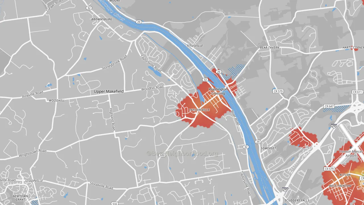 Walk Grade map of Washington Crossing, PA, walkable areas in green and car-dependent areas in red