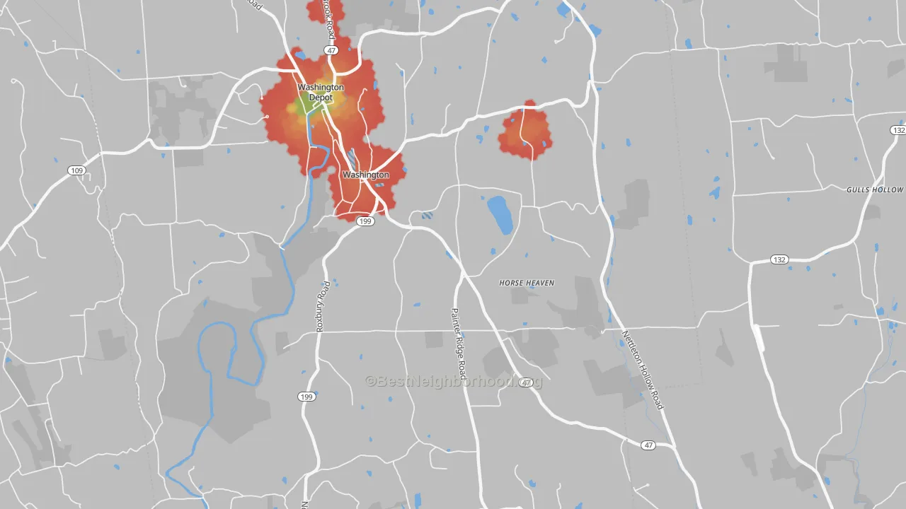 Walk Grade map of Washington, CT, walkable areas in green and car-dependent areas in red