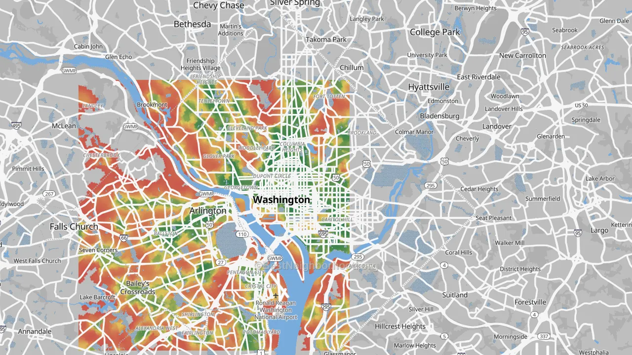 Example Walk Grade map of Washington, DC, with walkable cores in green and car-dependent areas in red