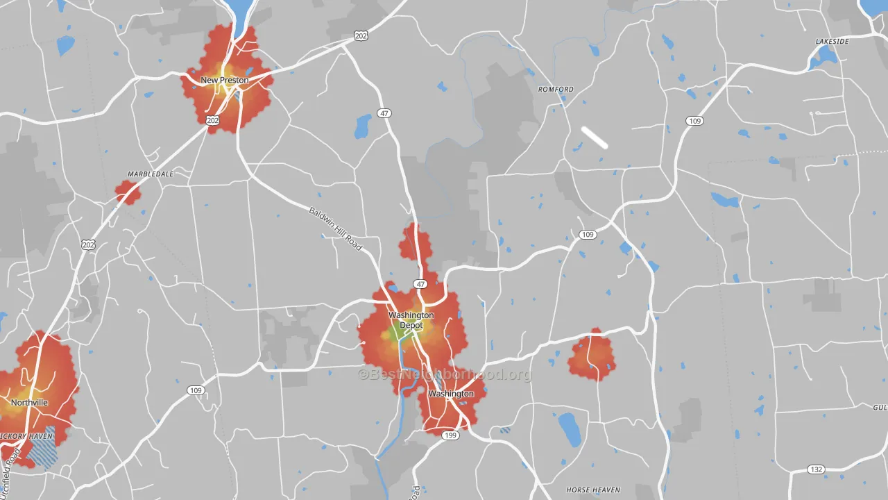 Walk Grade map of Washington Depot, CT, walkable areas in green and car-dependent areas in red