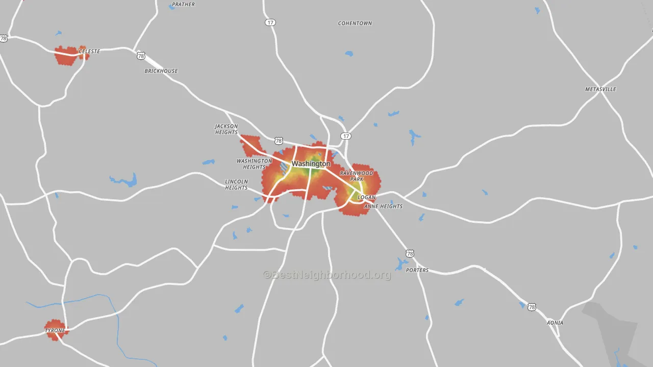 Walk Grade map of Washington, GA, walkable areas in green and car-dependent areas in red