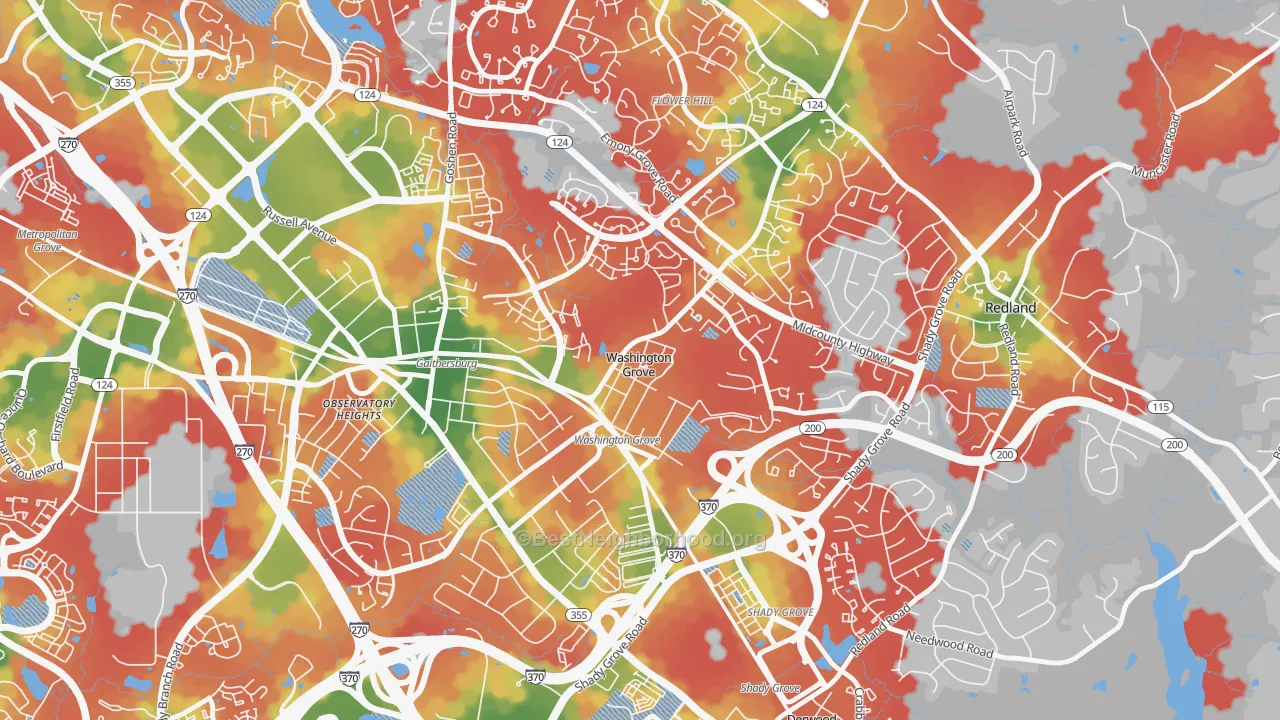 Walk Grade map of Washington Grove, MD, walkable areas in green and car-dependent areas in red