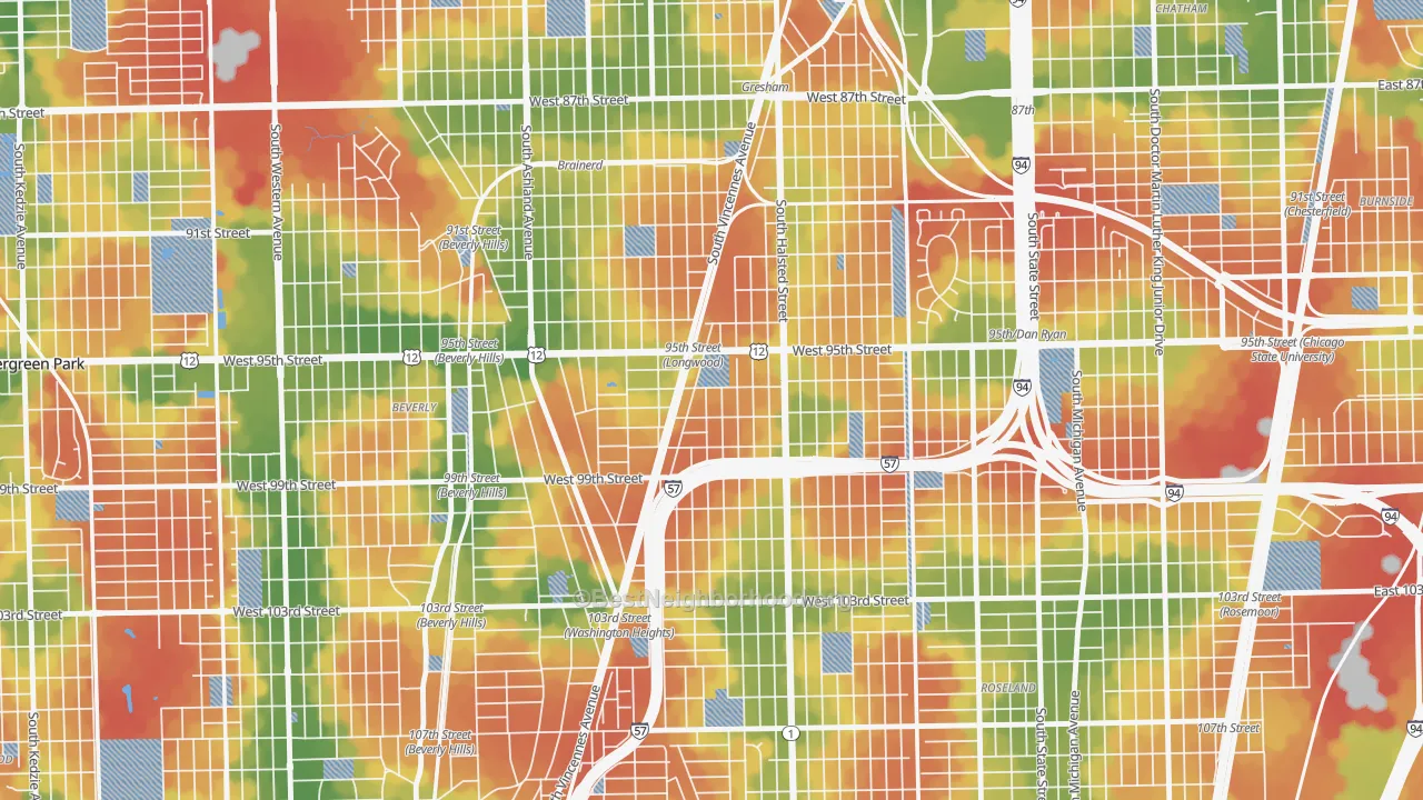 Walk Grade map of Washington Heights, Chicago, IL, walkable areas in green and car-dependent areas in red