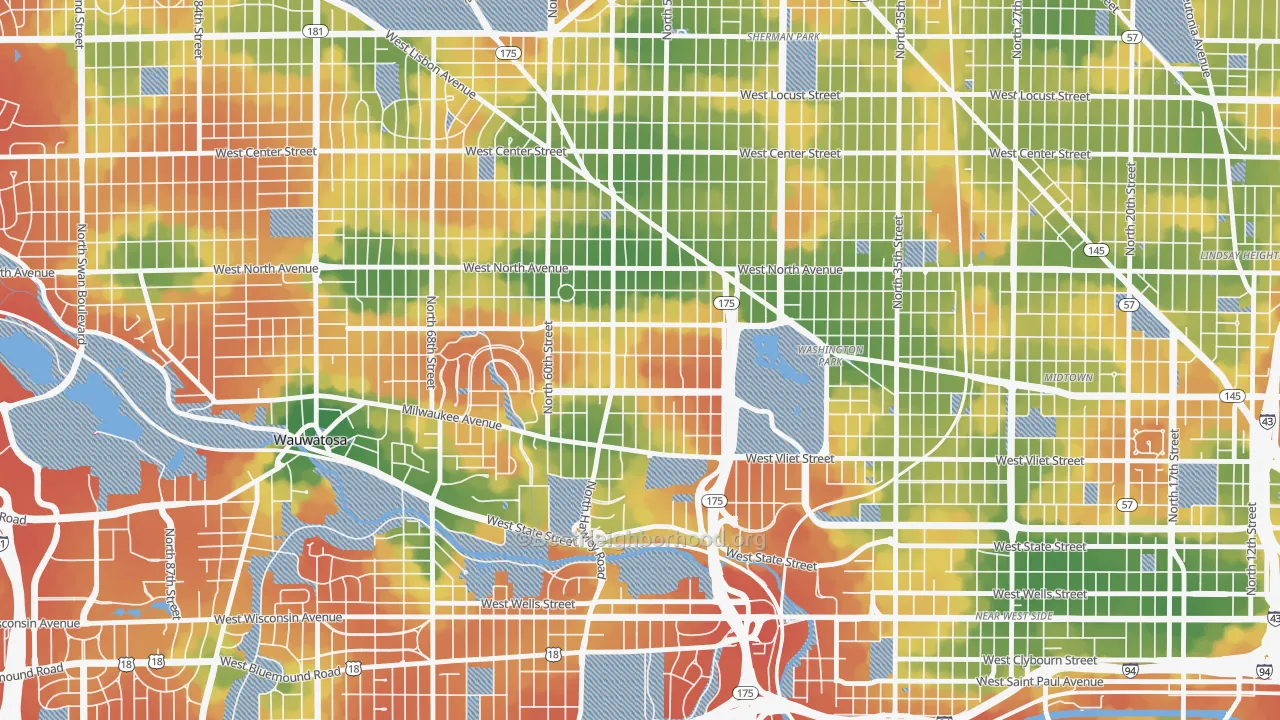Walk Grade map of Washington Heights, Milwaukee, WI, walkable areas in green and car-dependent areas in red