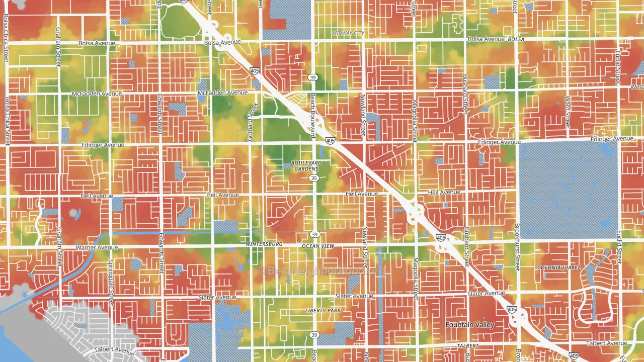 Walk Grade map of Washington, Huntington Beach, CA, walkable areas in green and car-dependent areas in red