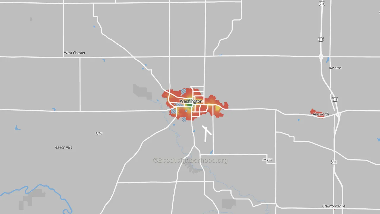 Walk Grade map of Washington, IA, walkable areas in green and car-dependent areas in red