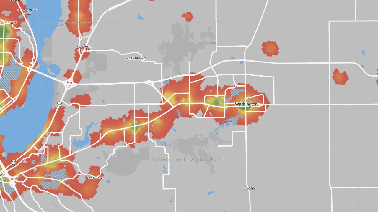 Walk Grade map of Washington, IL, walkable areas in green and car-dependent areas in red