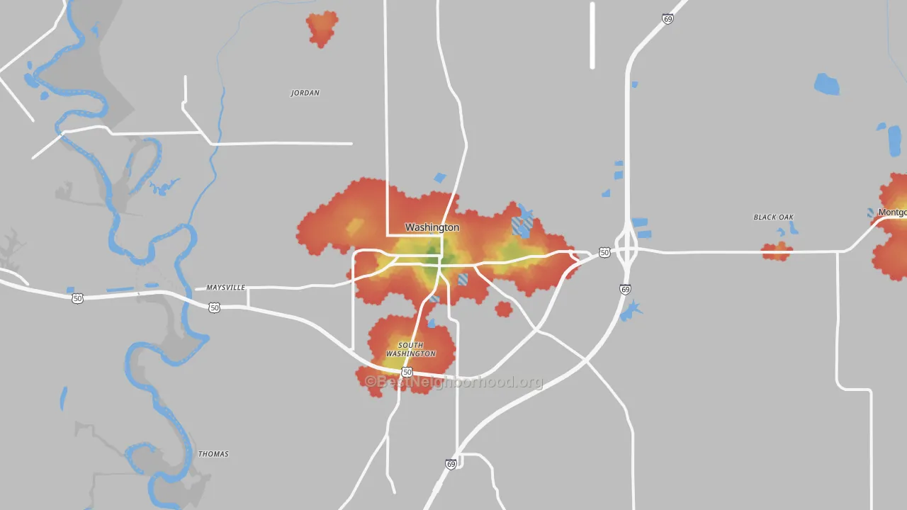 Walk Grade map of Washington, IN, walkable areas in green and car-dependent areas in red