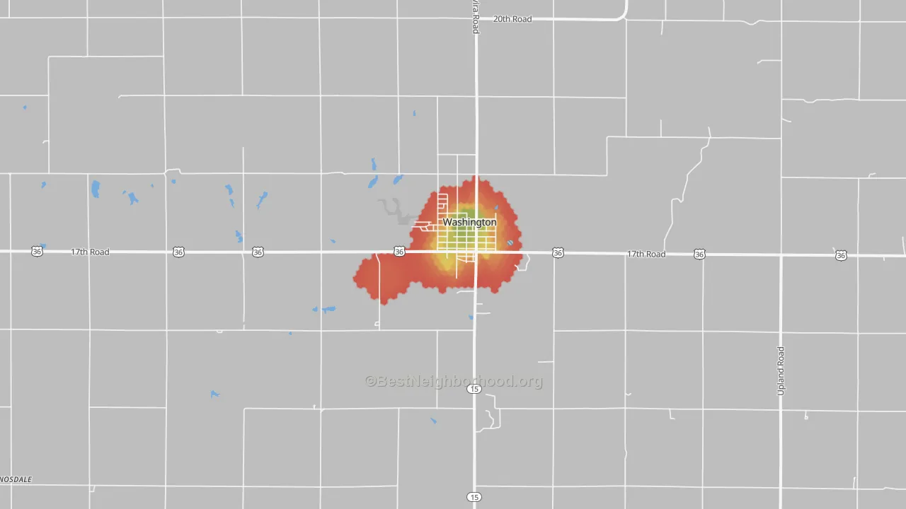 Walk Grade map of Washington, KS, walkable areas in green and car-dependent areas in red