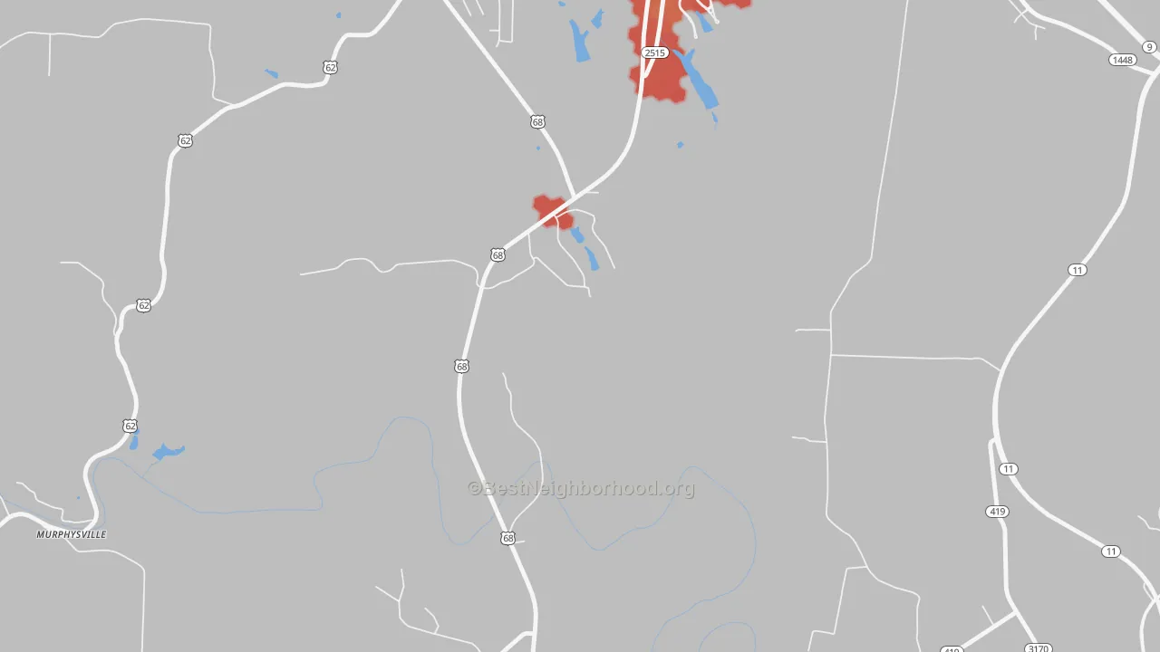 Walk Grade map of Washington, KY, walkable areas in green and car-dependent areas in red