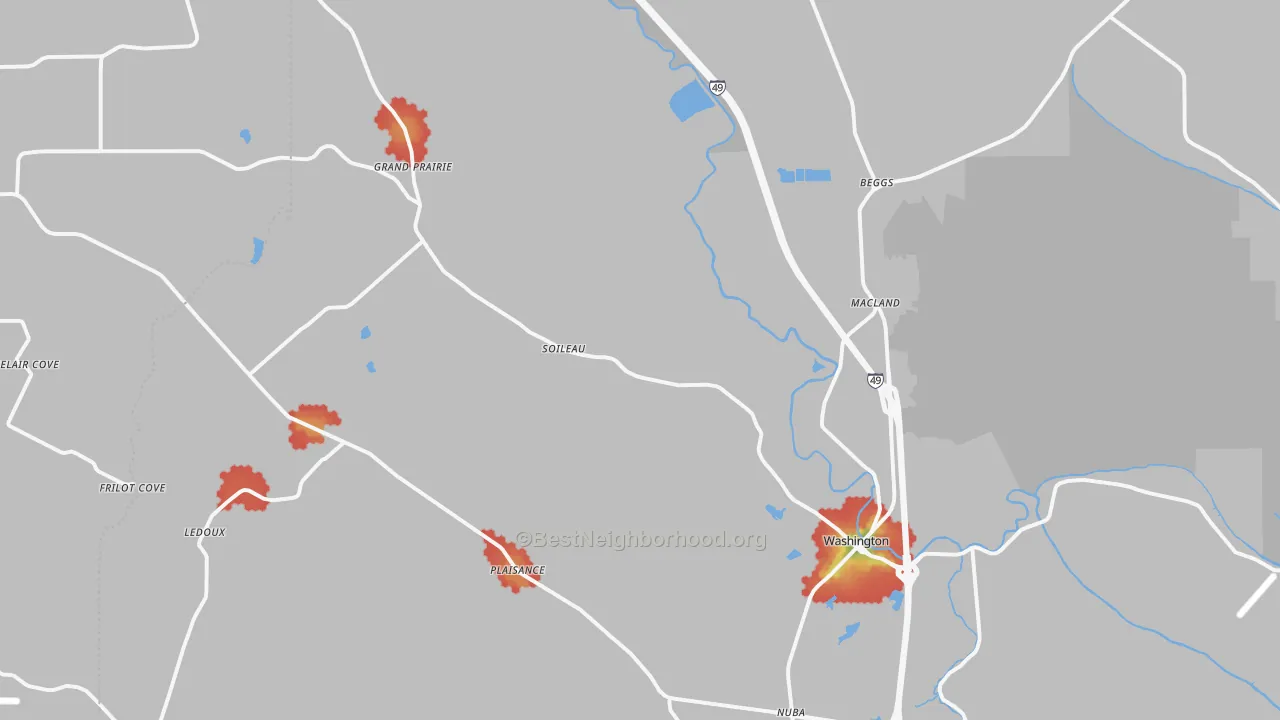 Walk Grade map of Washington, LA, walkable areas in green and car-dependent areas in red