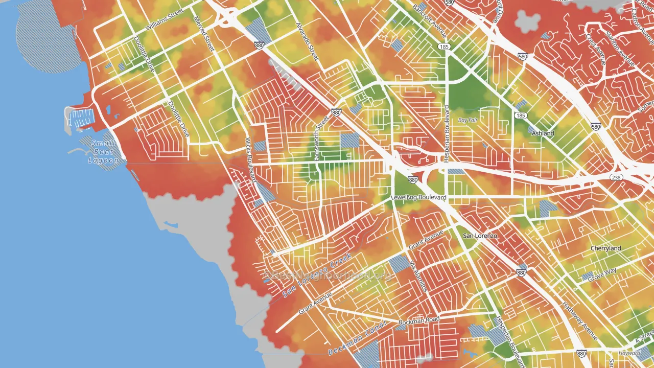Walk Grade map of Washington Manor-Bonaire, San Leandro, CA, walkable areas in green and car-dependent areas in red
