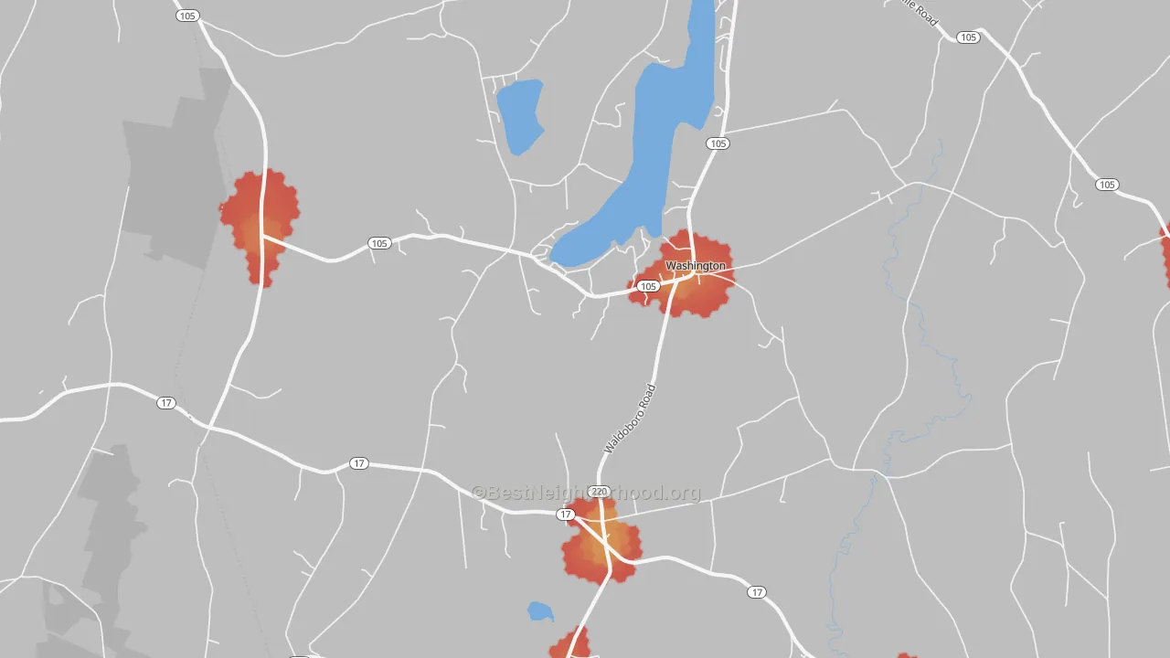 Walk Grade map of Washington, ME, walkable areas in green and car-dependent areas in red
