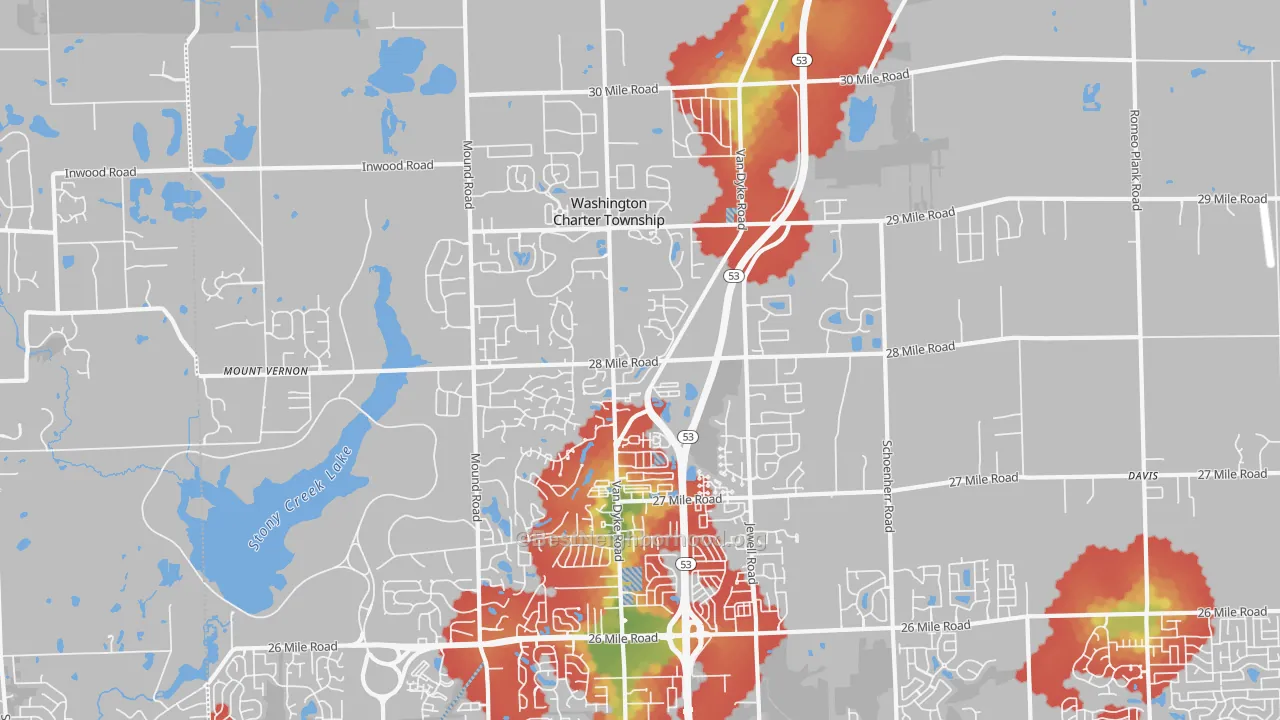Walk Grade map of Washington, MI, walkable areas in green and car-dependent areas in red