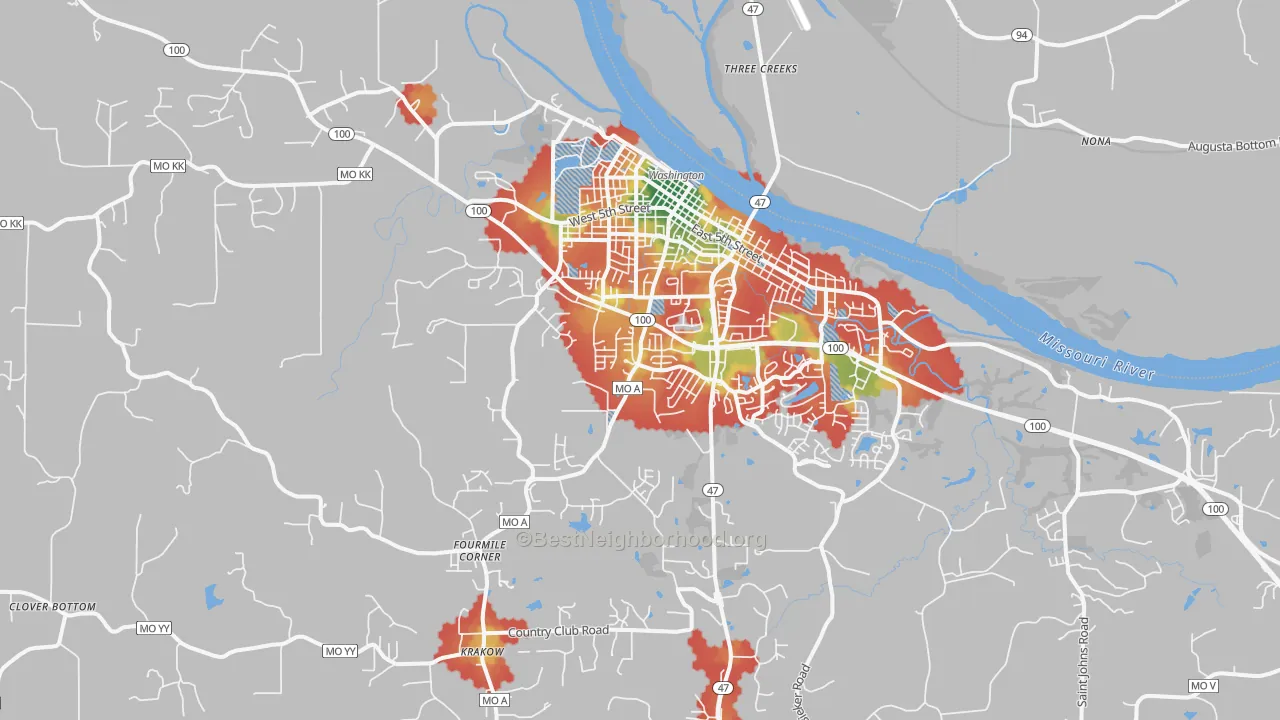 Walk Grade map of Washington, MO, walkable areas in green and car-dependent areas in red