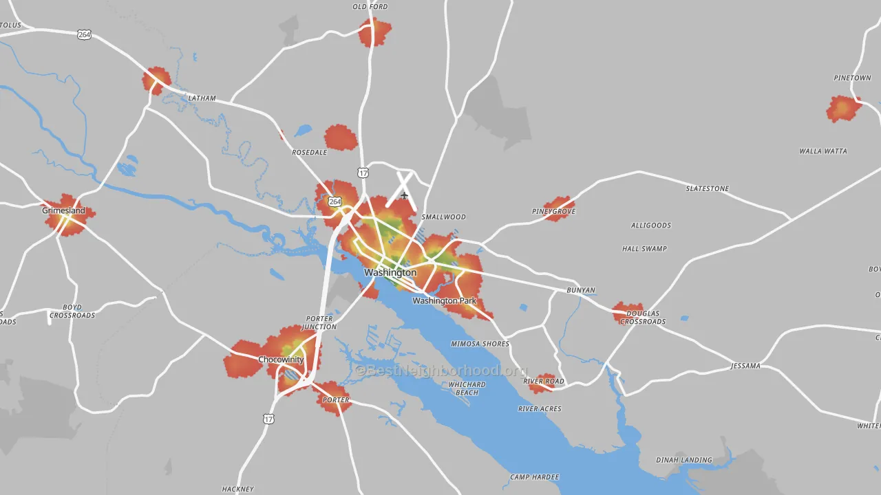 Walk Grade map of Washington, NC, walkable areas in green and car-dependent areas in red