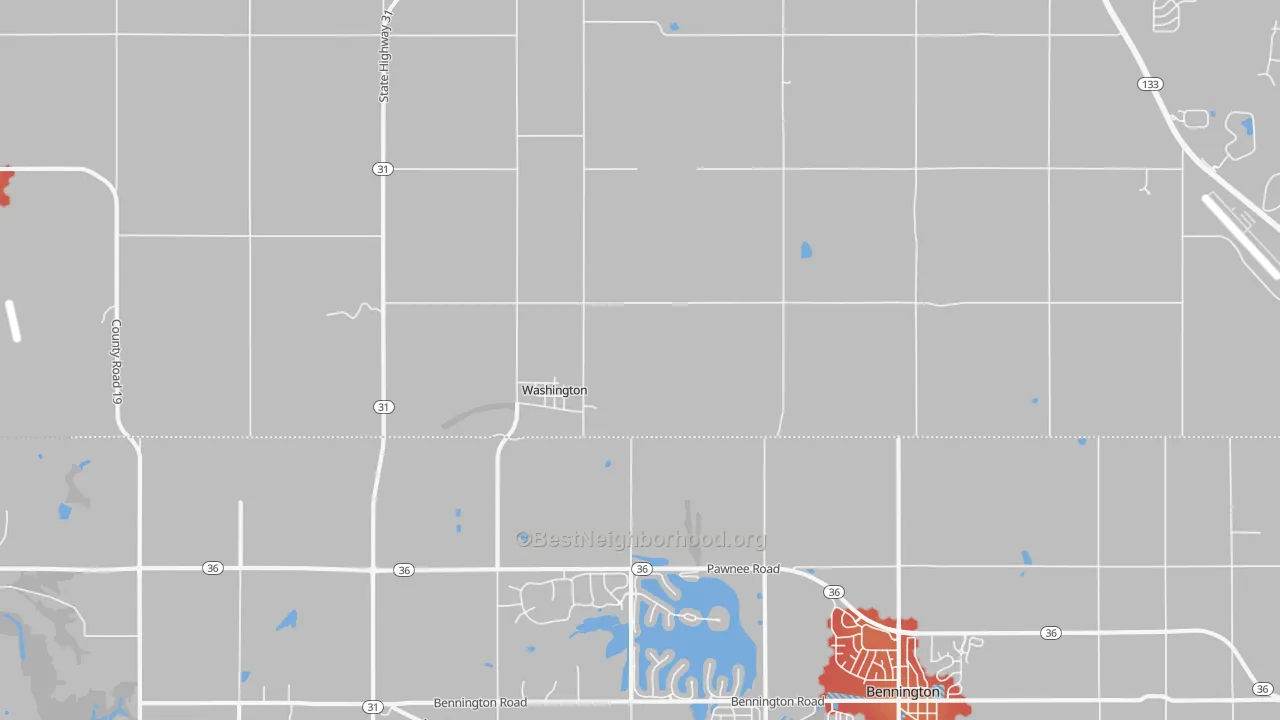 Walk Grade map of Washington, NE, walkable areas in green and car-dependent areas in red