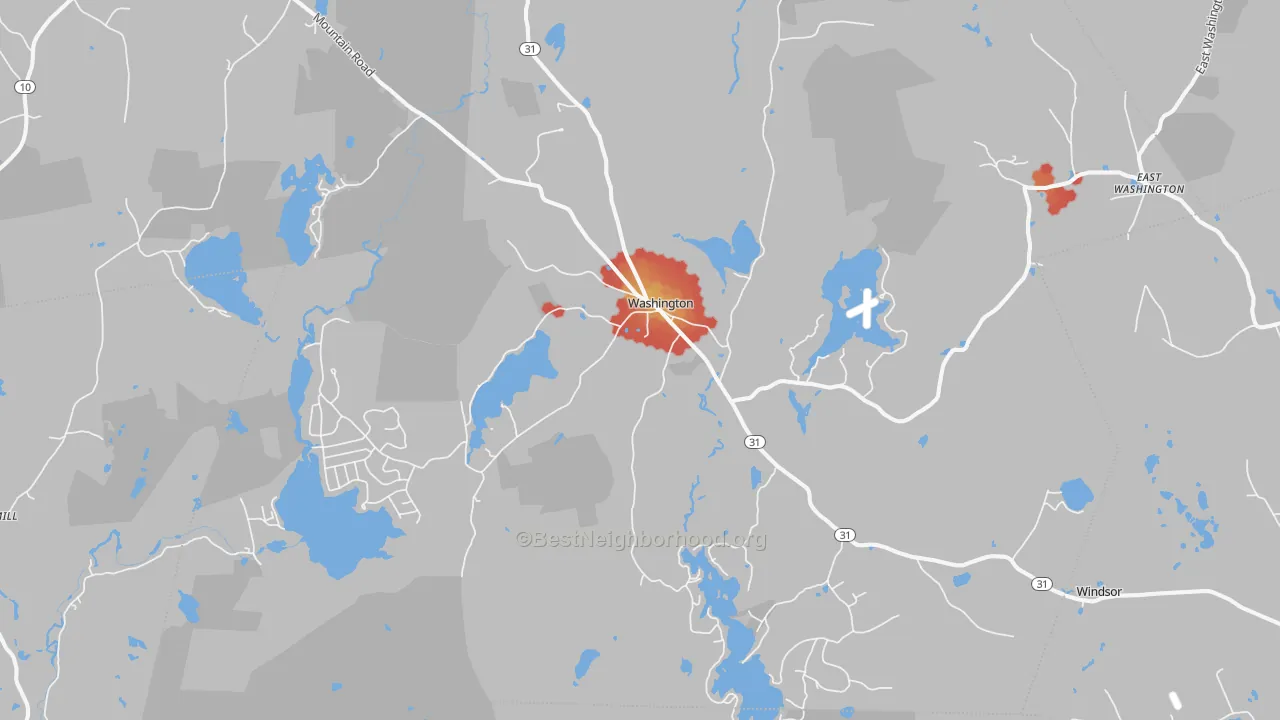 Walk Grade map of Washington, NH, walkable areas in green and car-dependent areas in red