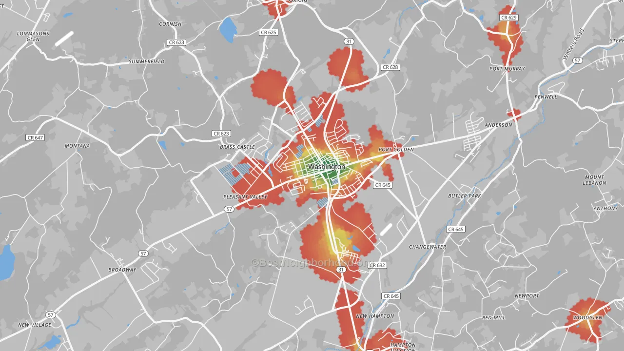 Walk Grade map of Washington, NJ, walkable areas in green and car-dependent areas in red