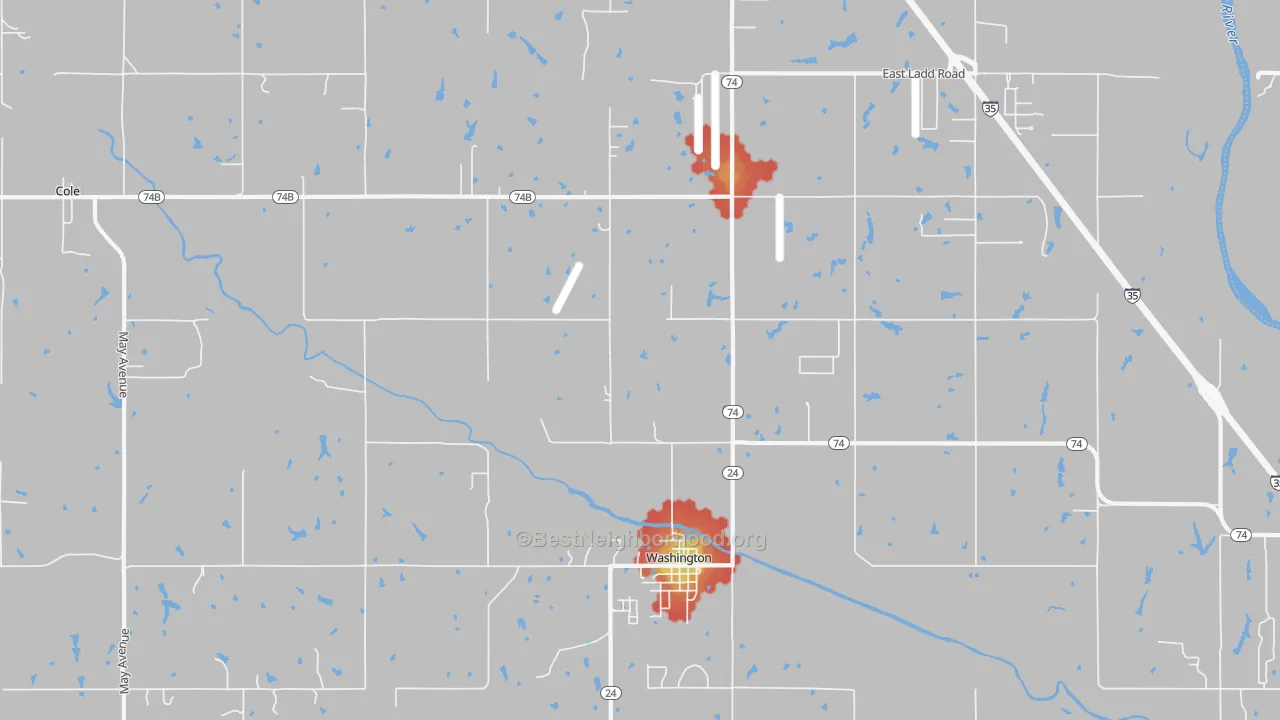Walk Grade map of Washington, OK, walkable areas in green and car-dependent areas in red