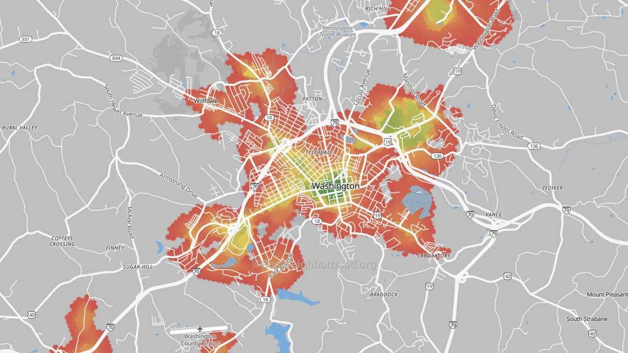 Walk Grade map of Washington, PA, walkable areas in green and car-dependent areas in red
