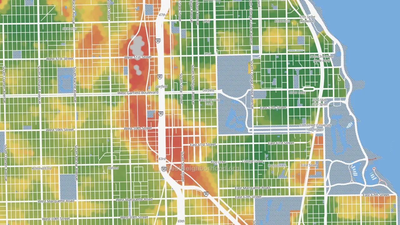 Walk Grade map of Washington Park, Chicago, IL, walkable areas in green and car-dependent areas in red
